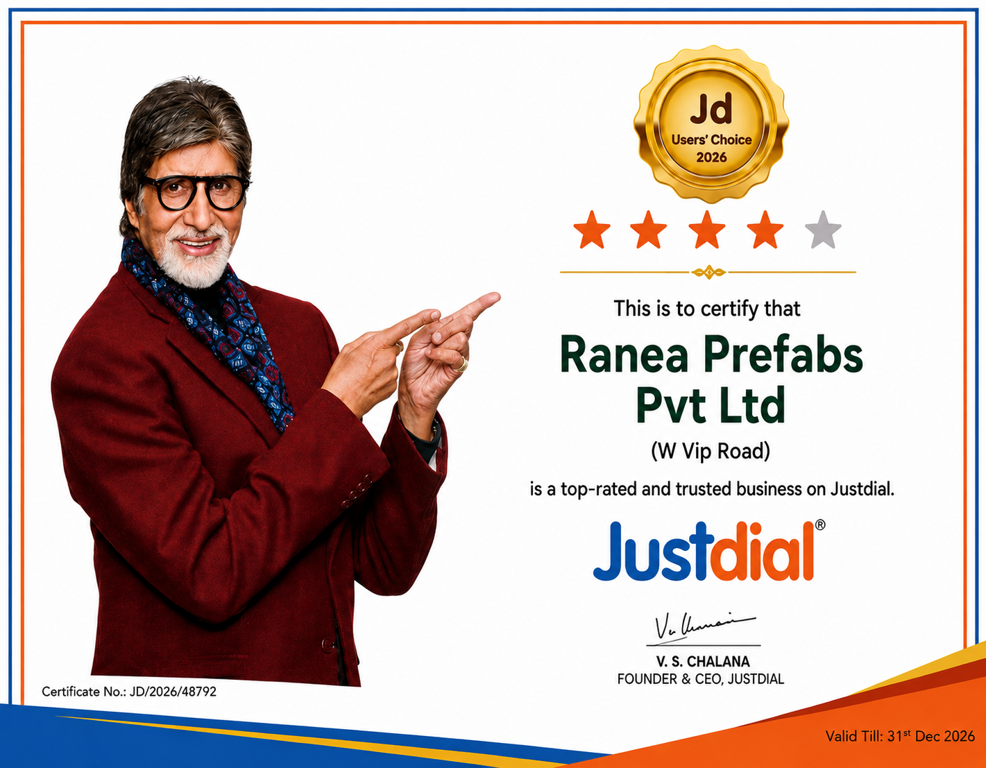 Justdial Users Choice 2026 - Ranea Prefabs Pvt Ltd