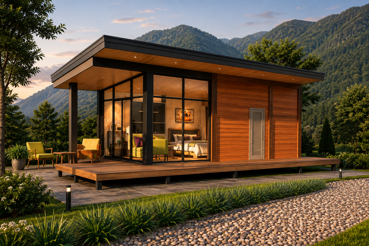 Modern Mountain Cabin at Golden Hour